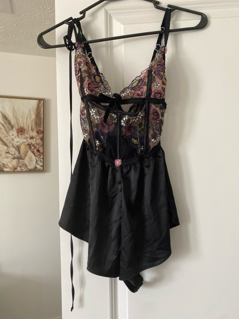 For Love & Lemons Black Floral Embroidered Mesh Romper with Pink Lining